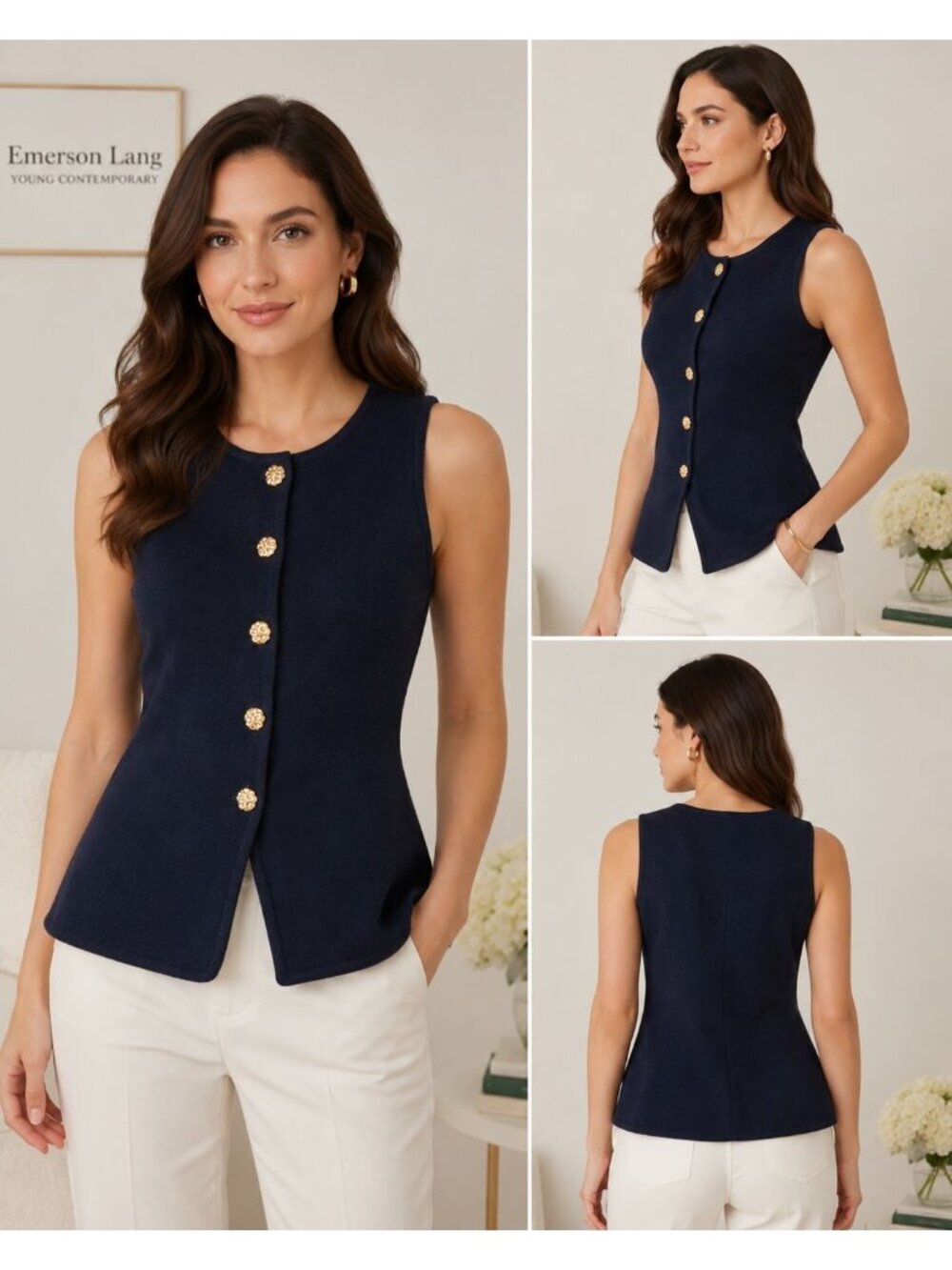 Emerson Lang Sleeveless Sweater Vest W/Gold Button Front Navy Blue& Gold Medium